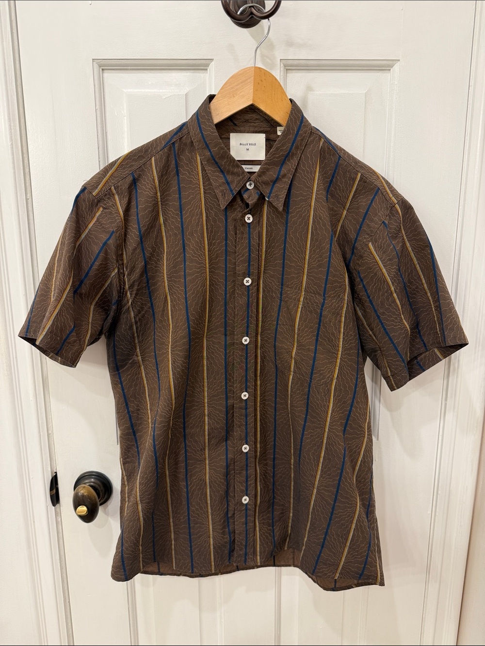 Billy Reid Brown Short-Sleeve Striped Button-Down with Blue & Tan Stripes